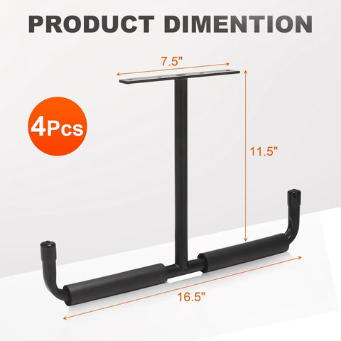Four Pack Upgraded Overhead Garage Storage Racks Ceiling Mount System showing dimensions and design details