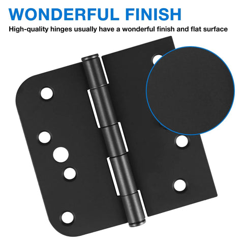 18 Pack 4 Inch Matte Black Door Hinges For Interior And Exterior Use; square rounded, 8 holes visible; detailed finish.