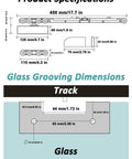 Technical specifications and dimensions of Frameless Glass Sliding Door Track Hardware Kit With Silent Rollers for various installations.