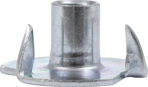 Close-up of a zinc-plated steel pronged tee nut, part of 100 Pcs Pronged Tee Nuts Size 10 32 Zinc Plated Steel T Nuts For Wood And Furniture Assembly Flush Mount Threaded Inserts For Woodworking Cabinets And Diy Projects.