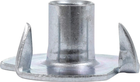 Close-up of Pro Grade Size 8 32 Pronged Tee Nuts Tough As Nails Zinc Plated Steel for furniture assembly.