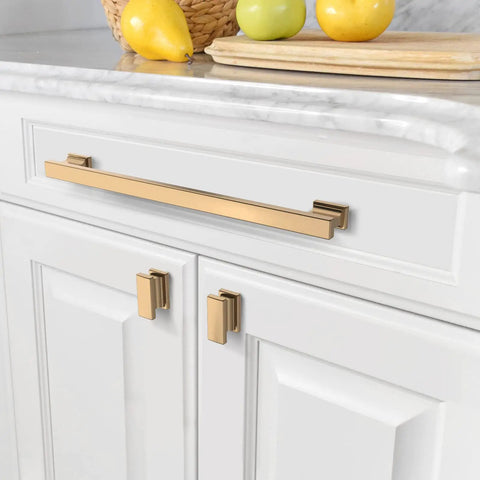 10 Pack 9 Inch Champagne Bronze Cabinet Handles Brushed Brass Kitchen Cabinet Pulls For Cupboards And Drawers 228mm Hole Centers Durable Hardware To Level Up Your Cabinets installed on white kitchen drawers