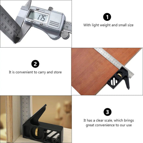 Professional Grade Carpentry Combination Square Layout Ruler With Dead On 45 And 90 Degree Marking Heavy Duty Woodworking Measuring Tool shown measuring wood.