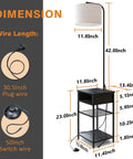 Illustration showing dimensions of Space Saving Floor Lamp With Built In End Table And Storage Shelves, Linen Shade, Black Modern Lighting.