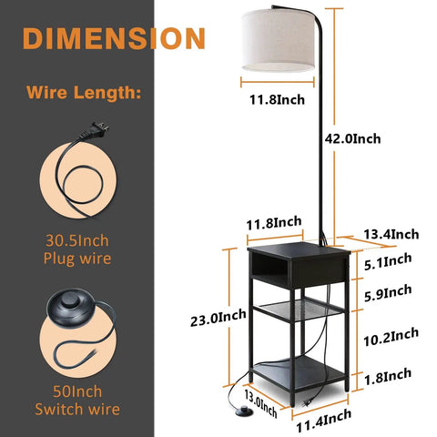 Illustration showing dimensions of Space Saving Floor Lamp With Built In End Table And Storage Shelves, Linen Shade, Black Modern Lighting.