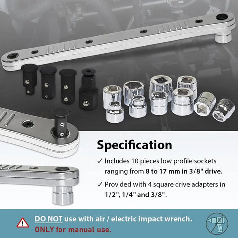 Offset Extension Wrench And Low Profile Socket Set for hard to reach fasteners with extension bar and 10 sockets.