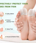 Person's feet with Silicone Toe Protectors Set 12 Pack Gel Toe Sleeves With Aloe Vera Essential Oils for toe pain relief