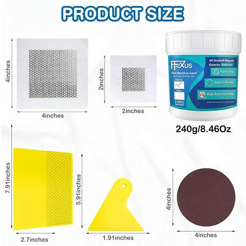 All In One Drywall Repair Kit With Two 8.5 Oz Spackle Jars, 2x2 And 4x4 Patch Mesh, Small And Large Scrapers, Two Sandpapers