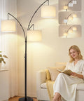 Arc LED Floor Lamp With Three Light Heads, 81 Inch Tall Black Modern Standing Lamp With White Shade, in a cozy living room