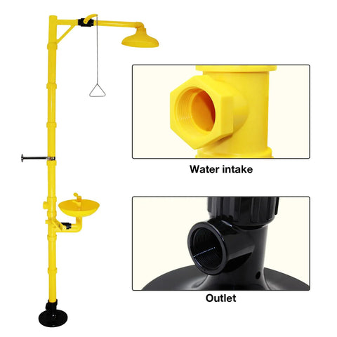 Front view of Emergency Shower Eyewash Station Kit for Industrial and Lab Use, OSHA Approved, ABS Construction, Dual Nozzle Eye Wash System.