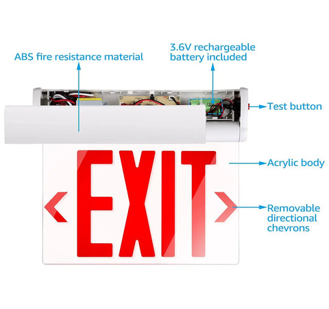 Red Emergency Exit Sign UL 924 LED Edge Lit, Battery Backup, Double Sided With Rotating Acrylic Panel, Pro Grade Hardwired Mountable Ceiling Wall Side, 120 277V AC, Damp Rated, Pack Of 2
