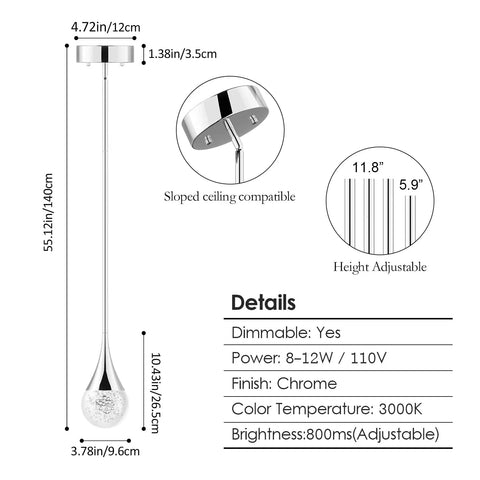 Sleek Bubble Crystal Glass Chrome Pendant Light For Kitchen Island And Dining Room with dimensions and specifications chart