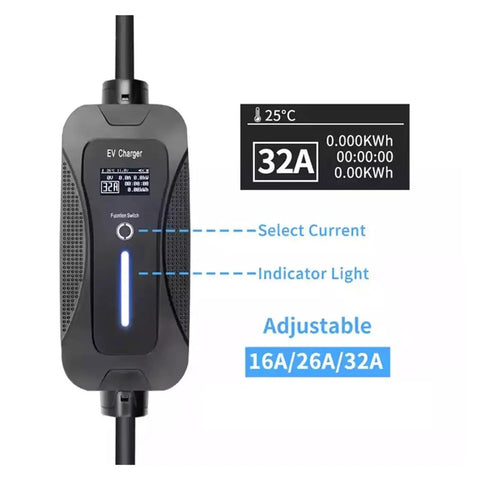 Beefy Portable Level 2 EV Charger With Type 2 Plug 32A 7.2kW EVSE for Home Charging with adjustable current and display