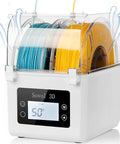 Moisture Busting Filament Dehydrator Dry Box with upgraded fan holding 3D printer spool, showing temperature display.