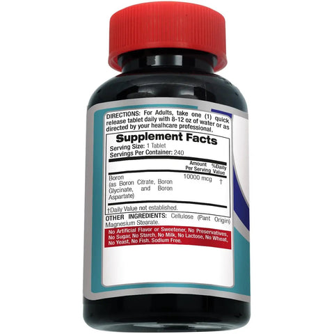 Ultra High Absorption Boron Supplement 10 mg Per Serving 240 Servings, bottle back view with ingredients label