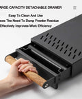 Heavy Duty Stainless Steel Espresso Knock Box With Shock Absorbing Removable Knock Bar And Spill Resistant Grounds Waste Dispenser, showing large-capacity detachable drawer and wooden handle.