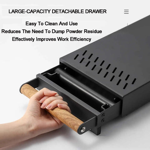 Heavy Duty Stainless Steel Espresso Knock Box With Shock Absorbing Removable Knock Bar And Spill Resistant Grounds Waste Dispenser, showing large-capacity detachable drawer and wooden handle.