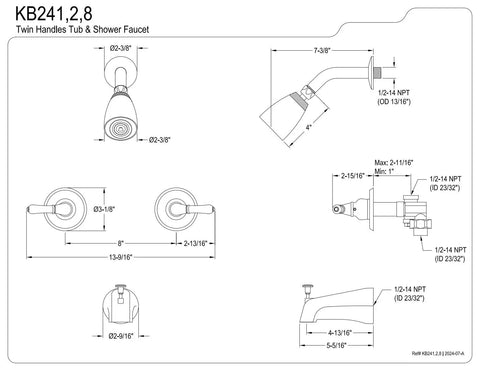 Diagram showing dimensions of Magellan Tub And Shower Faucet With 2 Lever Handles In Polished Brass, pressure balanced design.