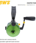 Front view of Crappie Thunder Underspin Fishing Reel With 4.3 To 1 Gear Ratio For Right Or Left Hand Retrieve In Green.