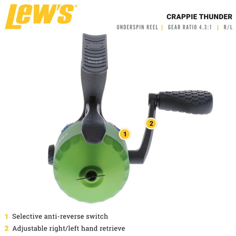 Front view of Crappie Thunder Underspin Fishing Reel With 4.3 To 1 Gear Ratio For Right Or Left Hand Retrieve In Green.