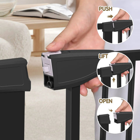 Extra Wide Baby Gate For Doorways 29.93 To 51.5 Inches, 30-Inch High With Auto-Close Walk-Thru Door features and lock mechanism
