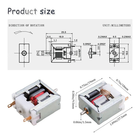 Small But Mighty Five Pack Micro 020 DC Motors 3V 15000 RPM Bare Square Motors With Carbon Brushes dimensions and diagram