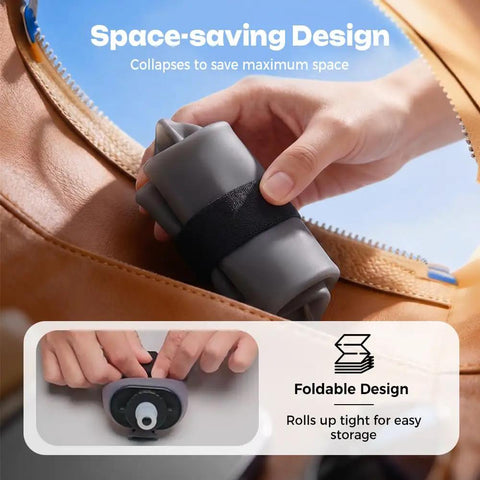 Collapsible Silicone Handheld Water Bottle With Ergonomic Strap 350ml Blue rolls up compactly for easy storage in a bag