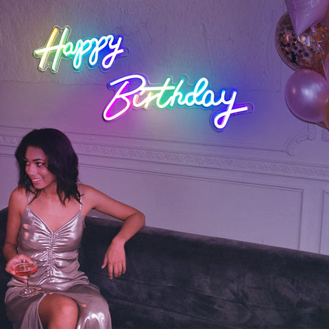 Extra Large Neon Happy Birthday Sign With Multi Color LED Lights Light Up Backdrop For Parties above sofa