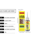 Lock Cylinder Lubricant Powder for Dry Key Operation and Jam Prevention, 8g pack with needle applicator and packaging.