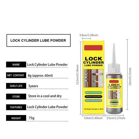 Lock Cylinder Lubricant Powder for Dry Key Operation and Jam Prevention, 8g pack with needle applicator and packaging.