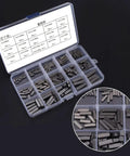 Front view of 140-piece stainless steel shaft key set in a clear plastic organizer with labeled compartments.