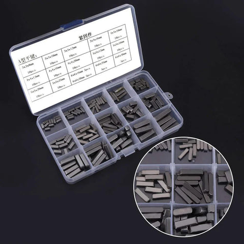 Front view of 140-piece stainless steel shaft key set in a clear plastic organizer with labeled compartments.