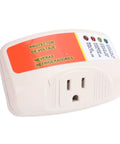 Heavy Duty Voltage Surge Protector For Home Appliances And Air Conditioners With A Durable Polycarbonate Body And Us Plug at an angle showing the electrical outlets.