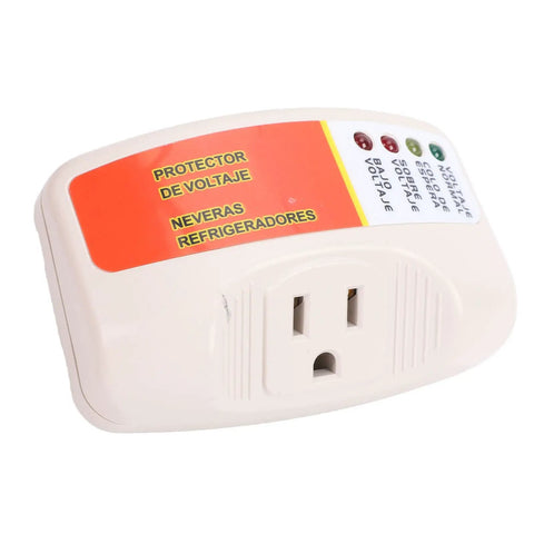 Heavy Duty Voltage Surge Protector For Home Appliances And Air Conditioners With A Durable Polycarbonate Body And Us Plug at an angle showing the electrical outlets.
