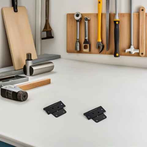Heavy Duty Garden Fence Gate Hinges Five Pack Load Bearing Shed Door Hardware on workbench with tools in background