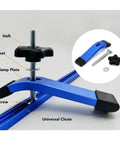 Close-up of blue aluminum T-slot clamp set in T track for routers CNC, showing clamp plate and T screw components.