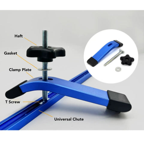 Close-up of blue aluminum T-slot clamp set in T track for routers CNC, showing clamp plate and T screw components.
