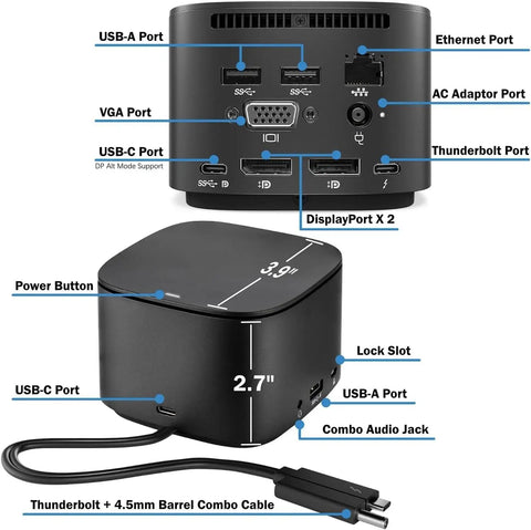 Level Up Your Workspace With This Slick Thunderbolt Dock 230W Delivering 100W Power Delivery To Laptops, showing ports and dimensions.