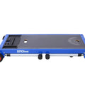 Built Tough Miter Saw Stand And Five In One Folding Portable Workbench With Telescoping Height Legs And Smooth Roll Caster Wheels For Woodworking And Masonry In Blue, side view with adjustable knobs and smooth wheels.