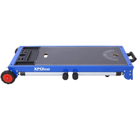 Built Tough Miter Saw Stand And Five In One Folding Portable Workbench With Telescoping Height Legs And Smooth Roll Caster Wheels For Woodworking And Masonry In Blue, side view with adjustable knobs and smooth wheels.