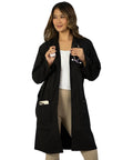 Woman wearing Unisex Lab Coat For Work, Long Sleeve Medical Coat With Five Pockets And Pen Slot, Durable Poly Cotton Doctor Uniform, 38 Inch Black XL.