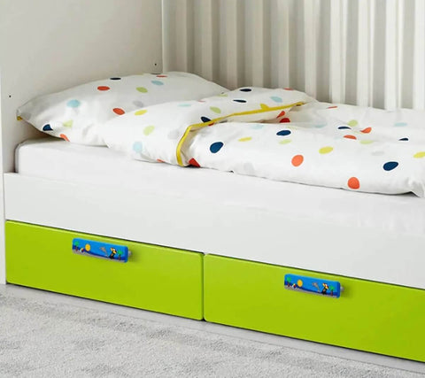 Super Cute Soft Rubber Cabinet Handles 5 Inch Long with Zinc Alloy Base Kid Safe Toddler Friendly Drawer Knobs Rust Proof Smooth Finish Yellow Four Pack Includes Installation Screws on colorful storage bins under a bed.