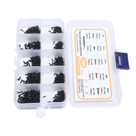 1000Pcs Small Screw Assortment Kit With Tweezers M1 M1.2 M1.4 M1.7 Black For Glasses Repair Watch Phone Electronics Screws Set Great For DIY Fixes And Quick On The Go Repairs, shown in a transparent box with compartments.