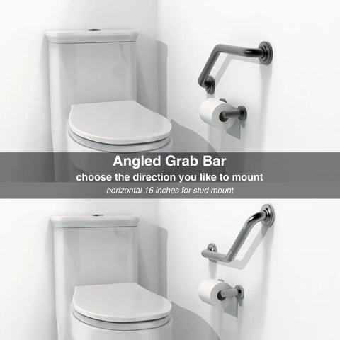 Angled Wall Mount Grab Bar 1 1/4 Inch with Knurled Grip for Stud Installation, ADA Compliant Heavy Duty 500 Lb Support, Rustproof Stainless Steel Bathroom Safety Rail in Brushed Nickel shown next to toilet.