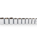 9 chrome vanadium SAE and metric sockets from 19-Piece Three-Eighths Inch Drive 6 Point SAE And Metric Mechanics Tool Set For Auto Repair And DIY.