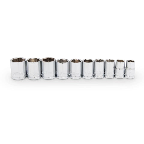 9 chrome vanadium SAE and metric sockets from 19-Piece Three-Eighths Inch Drive 6 Point SAE And Metric Mechanics Tool Set For Auto Repair And DIY.