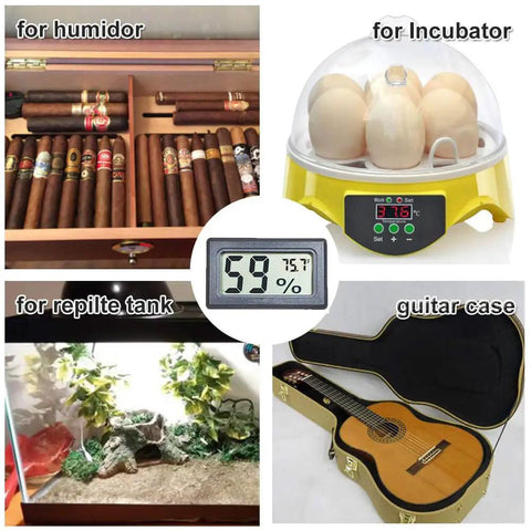 12 Pack Mini Digital Hygrometer Thermometer Indoor Humidity Gauge with different uses for humidor, incubator, reptile tank, and guitar case
