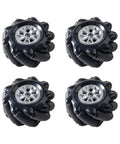 Set of four 60mm mecanum wheels with silver hubs and black rubber rollers