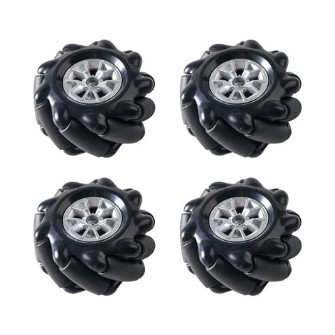Set of four 60mm mecanum wheels with silver hubs and black rubber rollers