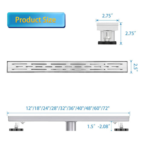 24 Inch Linear Shower Drain With Bar Pattern Grate Stainless Steel AISI 304 Built To Last Rustproof And Fast Drainage